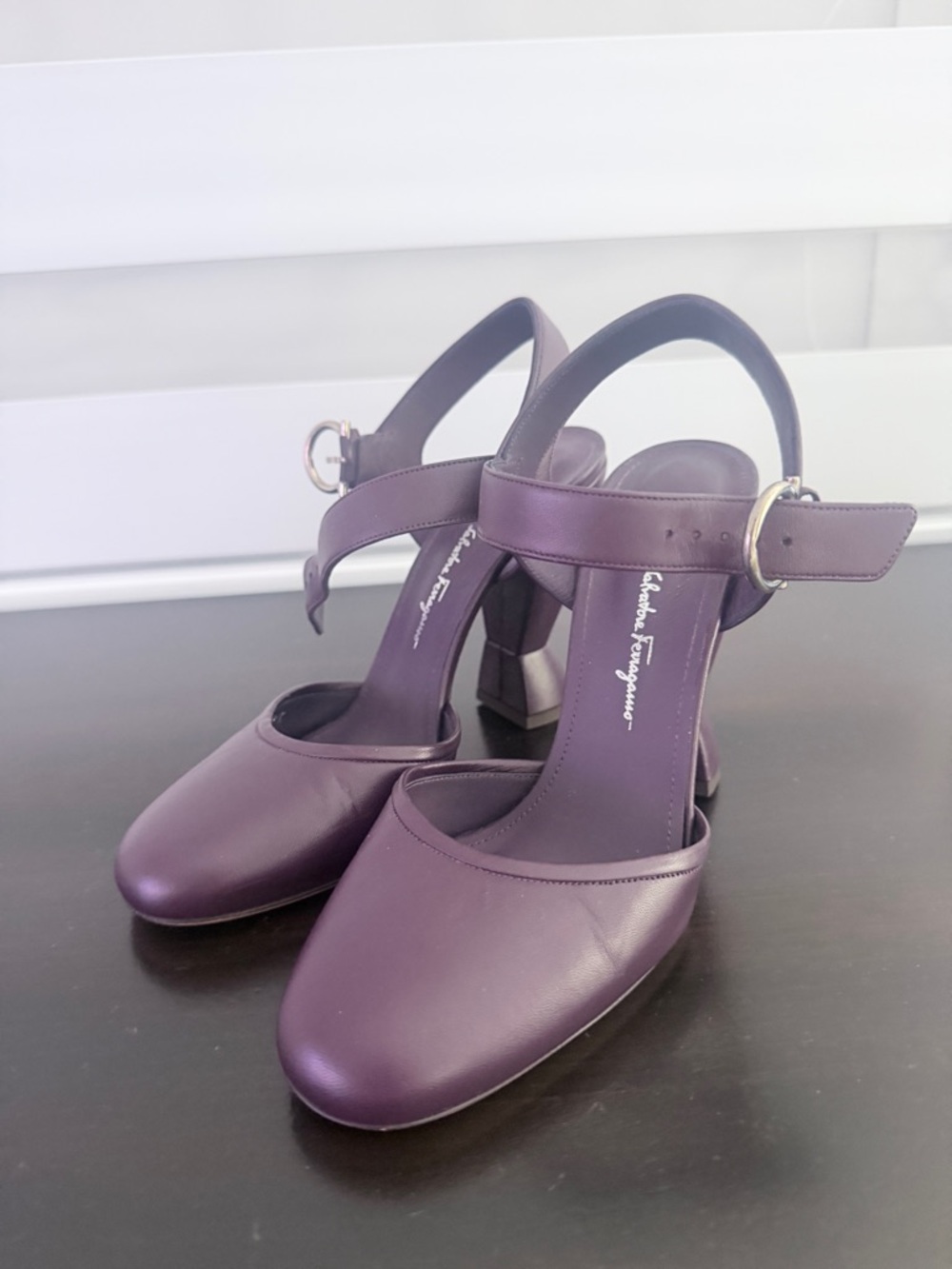Salvatore Ferragamo Plum Leather Ankle-Strap Block Heels
